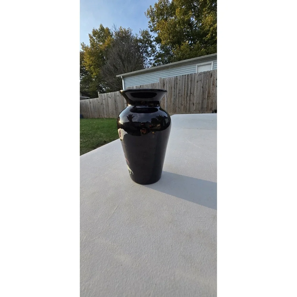 glossy black ceramic vase W/ hand-painted purple floral design & flared rim